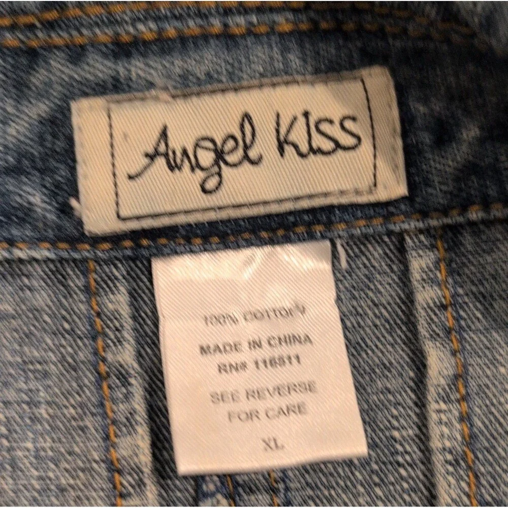 Angel Kiss Women's Blue Frayed Denim Jacket Button Front With Pockets Size XL - Picture 5 of 8